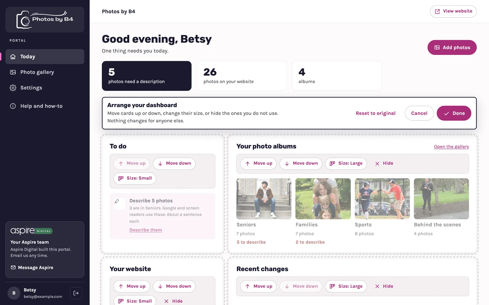 Arrange your dashboard mode with Move up, Move down, Size and Hide buttons on each card