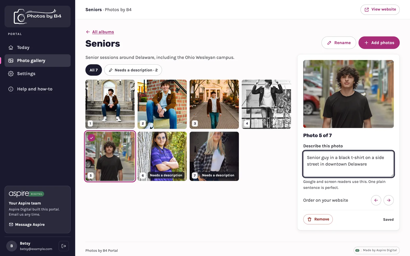 Seniors album with one photo open in the side panel and a description typed in, marked Saved