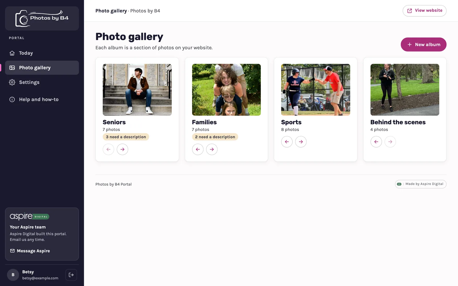 Photo gallery with four albums, each with a cover photo, photo count and how many still need a description