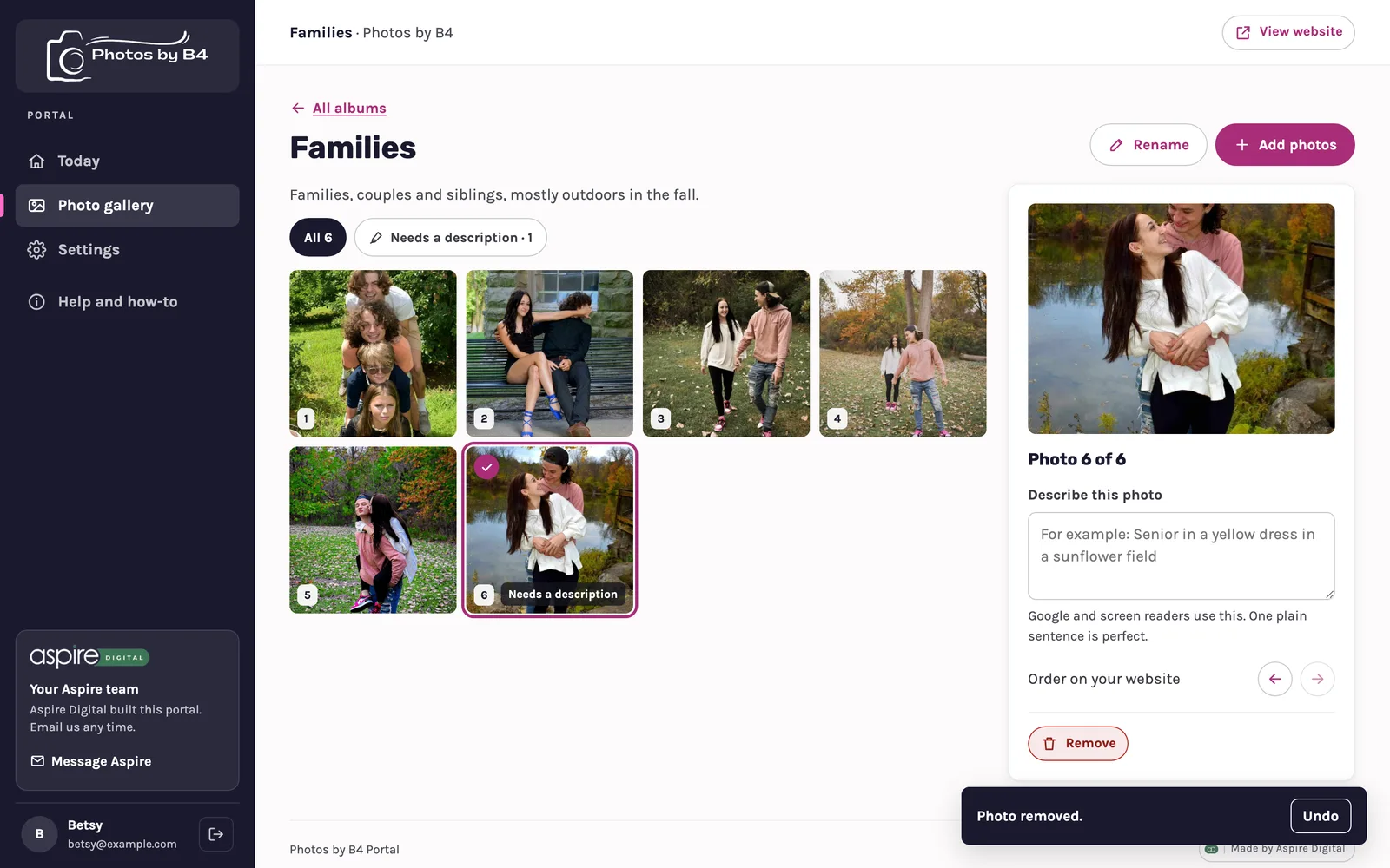 Families album with a Photo removed message and an Undo button